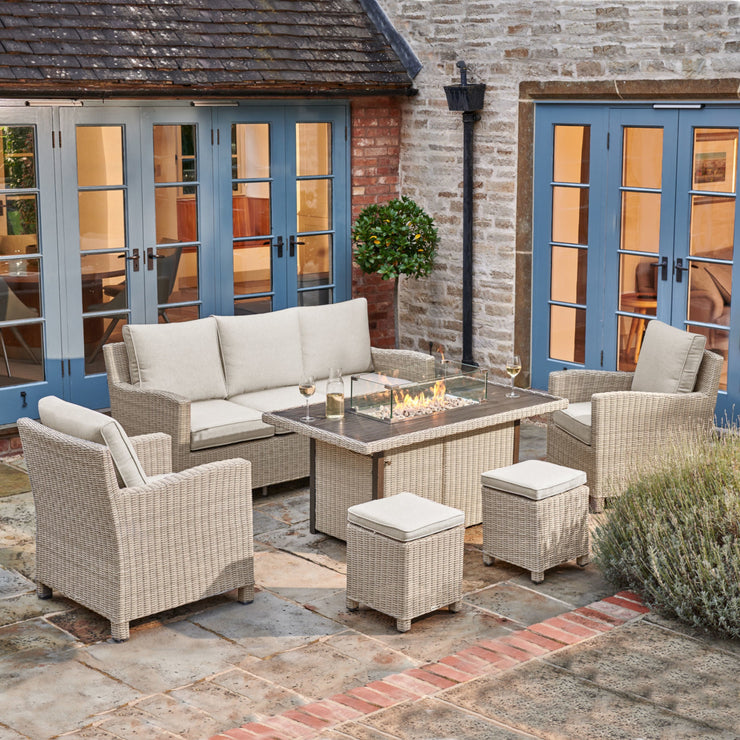 Kettler Palma Signature Oyster Wicker Outdoor Casual Dining Lounge Sofa Set with Fire Pit Table