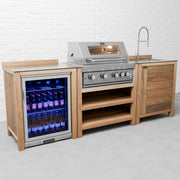 Draco Grills Teak 4 Burner Outdoor Kitchen with Modular Sink and Single Fridge