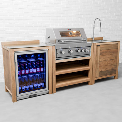 Draco Grills Teak 4 Burner Outdoor Kitchen with Modular Sink and Single Fridge