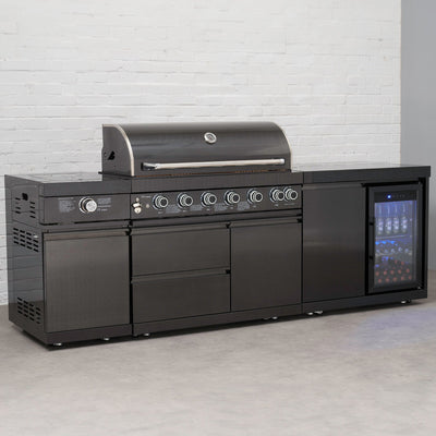 Draco Grills 6 Burner BBQ Black Stainless Steel Modular Outdoor Kitchen with Sear Station and Fridge Unit