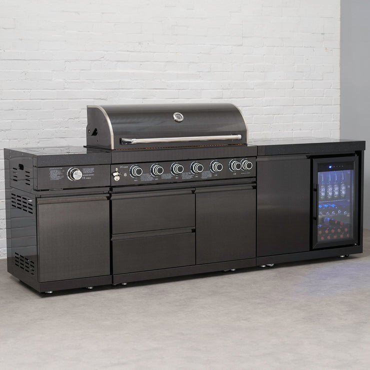 Draco Grills 6 Burner BBQ Black Stainless Steel Modular Outdoor Kitchen with Sear Station and Fridge Unit
