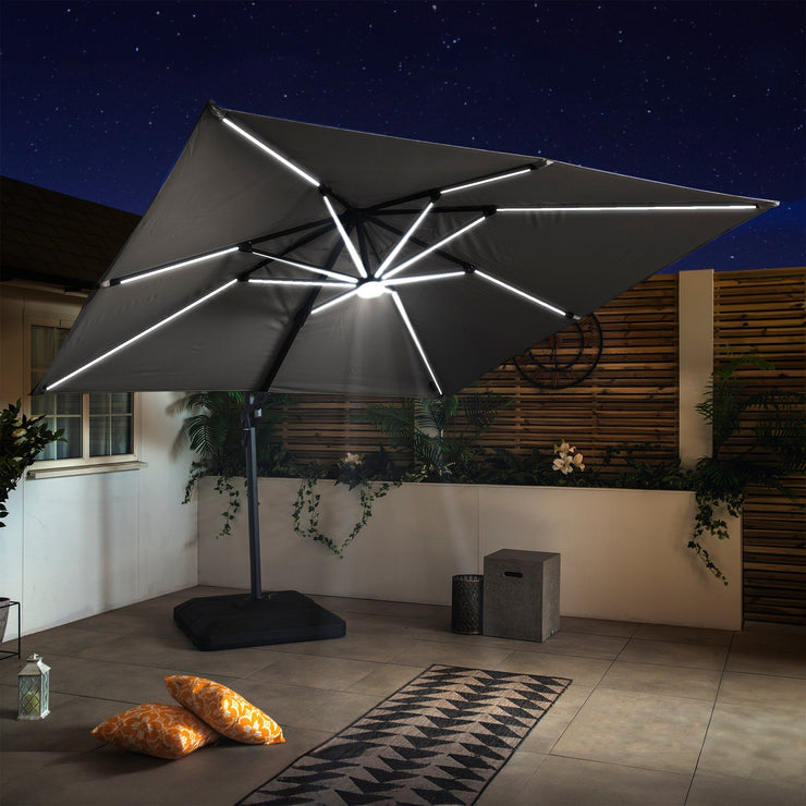 Bracken Outdoors Napoli Grey 3m x 3m Square Cantilever Parasol With LED Lights *Damaged Box*