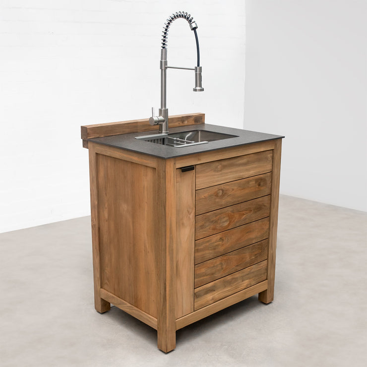 Draco Grills Teak 6 Burner Outdoor Kitchen with Modular Sink and Single Fridge