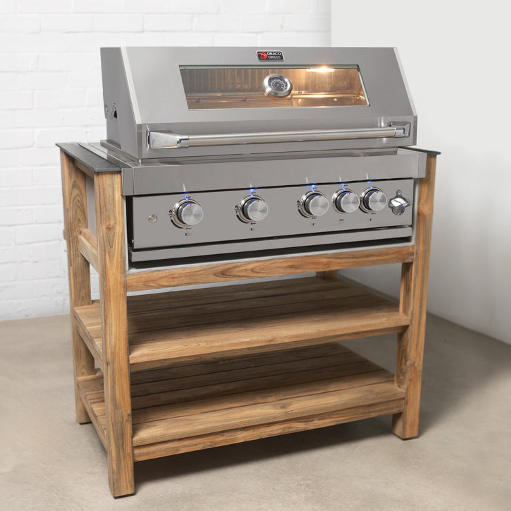 Draco Grills Teak 4 Burner Outdoor Kitchen with Modular Sink and Single Fridge