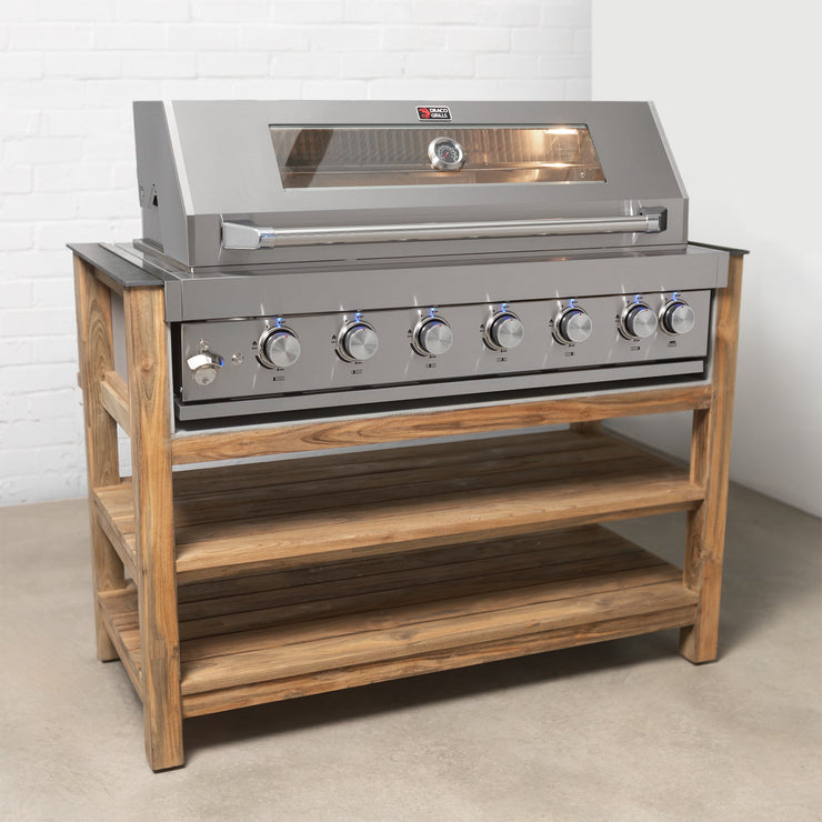 Draco Grills Teak 6 Burner Outdoor Kitchen with Modular Sink and Single Fridge