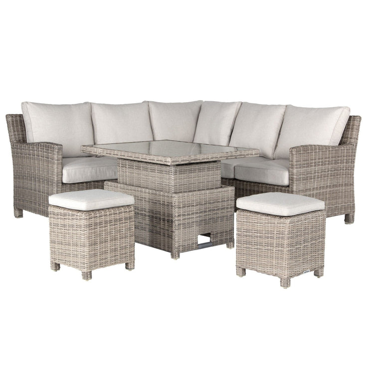Kettler Palma Signature Mini Corner Oyster Wicker Outdoor Sofa Set with High Low Glass Top Table